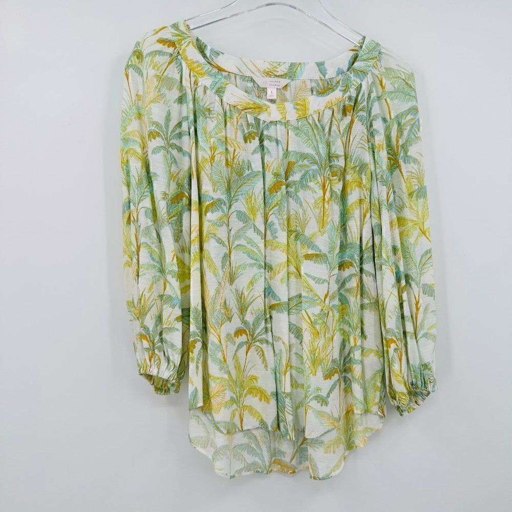 LC Lauren Conrad Size Small White & Green Palm Leaf Print Long Sleeve Summer Top
